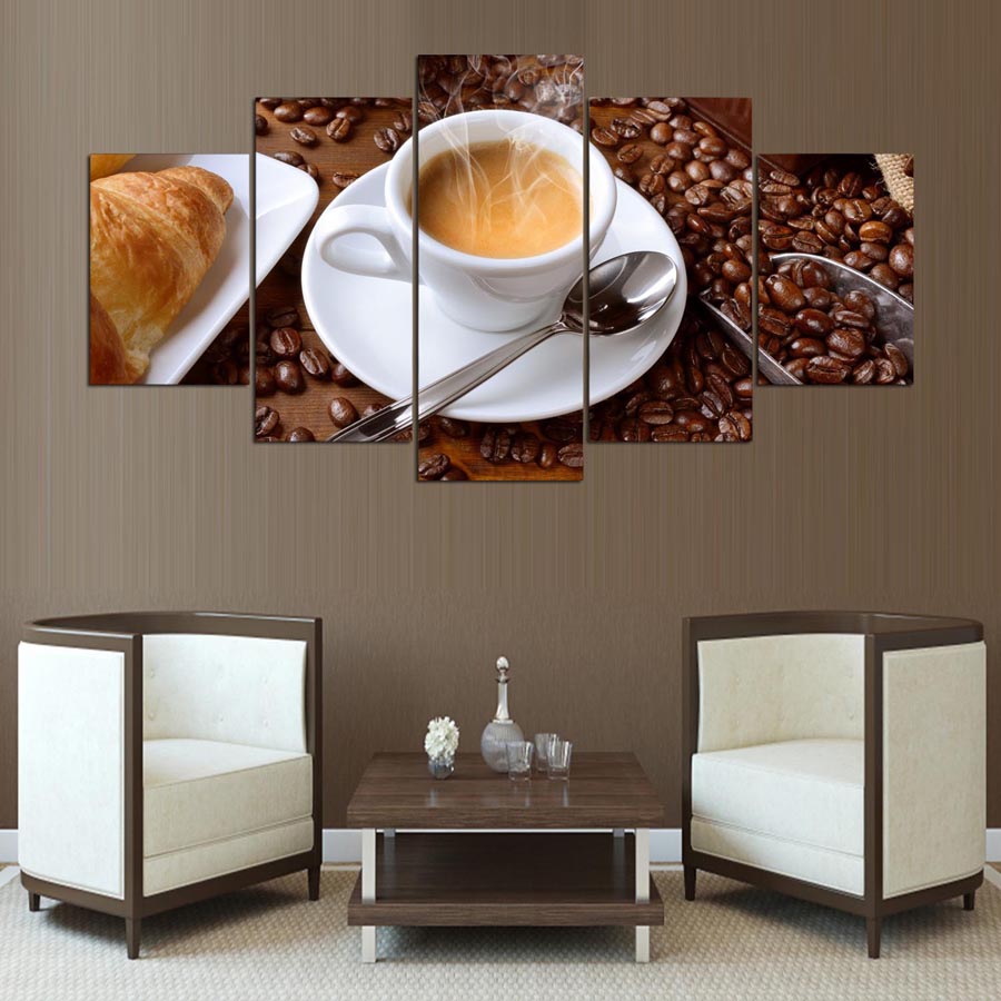 HD Printed Modular Painting Frame Canvas Poster 5 Piece Steaming Coffee Cup Pictures For Kitchen Food Home Wall Art Decor No Frame