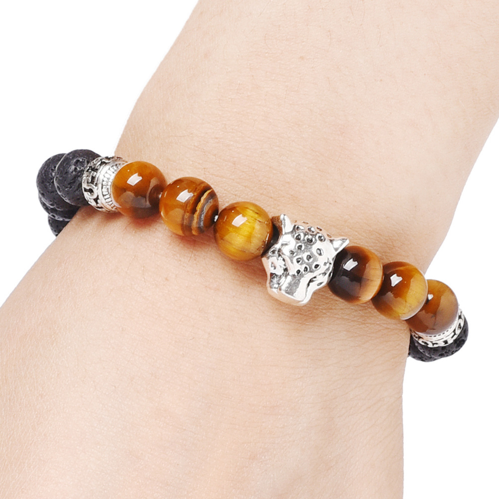 Men's Natural Black Lava Rock Beads Leopard Head Beads Charm Bracelet 8mm
