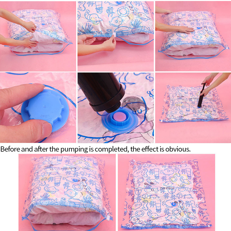Clothes Storage Bags Clothing Plastic Vacuum Pack Compression Sacks Manual Air Pump Travel Printing Space Save Bag For Luggage