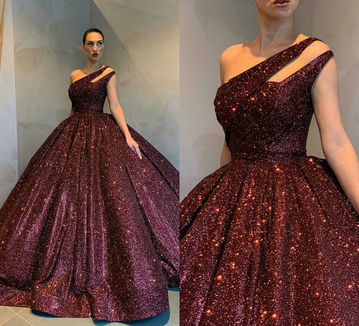 2019 Shinny Ball Gown Prom Dresses One Shoulder Sequins Glitter Floor Length Gorgeous Evening Dress Custom Made Special Occasion Gowns