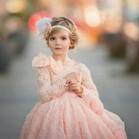 Pink Lace Flower Girl Dresses With Ruffles Jewel Neck Lace 3D Floral Appliqued A Line Backless Girls Pageant Dress High Long Sleeve Gowns
