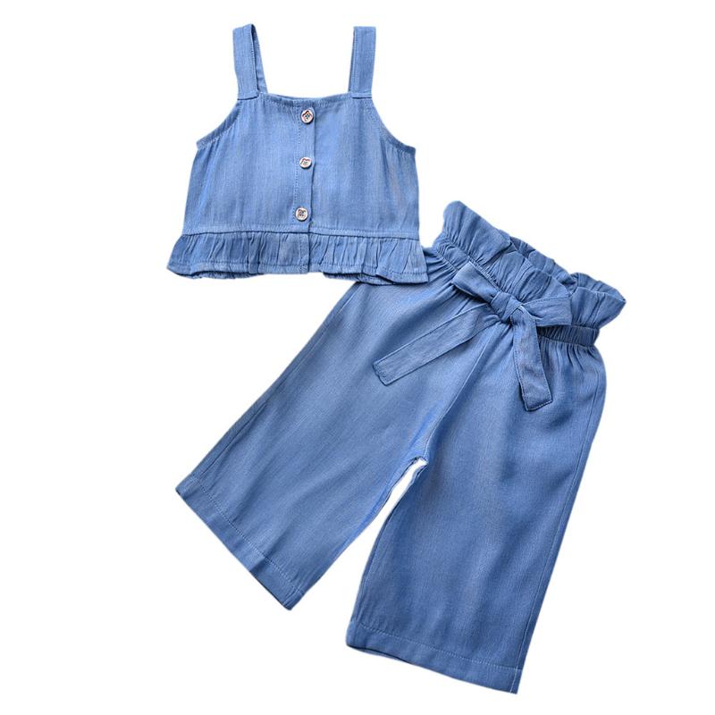 Toddler Baby Girls clothes Summer Strap Ruched Solid color blue Vest Tops Bow Pants Set 2pcs children girl Outfits dropshipping