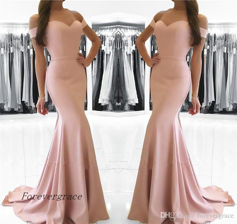 2019 New Mermaid Pink Off The Shoulder Evening Dress Cheap Simple Sheath Long Arabic Formal Party Gown Custom Made Plus Size