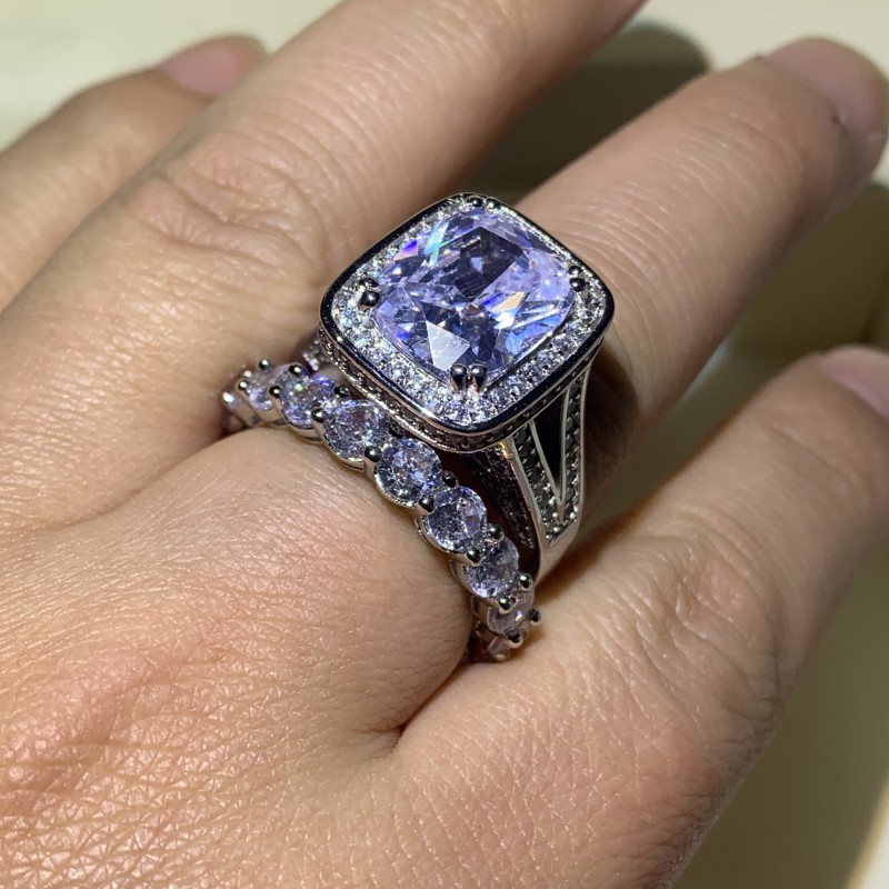 Sparkling Hot Sale Luxury Jewelry Couple Rings 925 Sterling Silver Cushion Shape White Topaz Gemstones Women Wedding Bridal Ring Set Gift