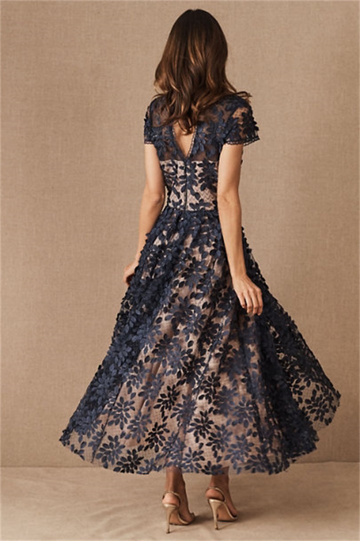 Dark Navy 2020 BHLDN Mother Of The Bridal Dresses Jewel Neck Short Sleeve Lace Mothers Formal Wear Plus Size Wedding Guest Dress
