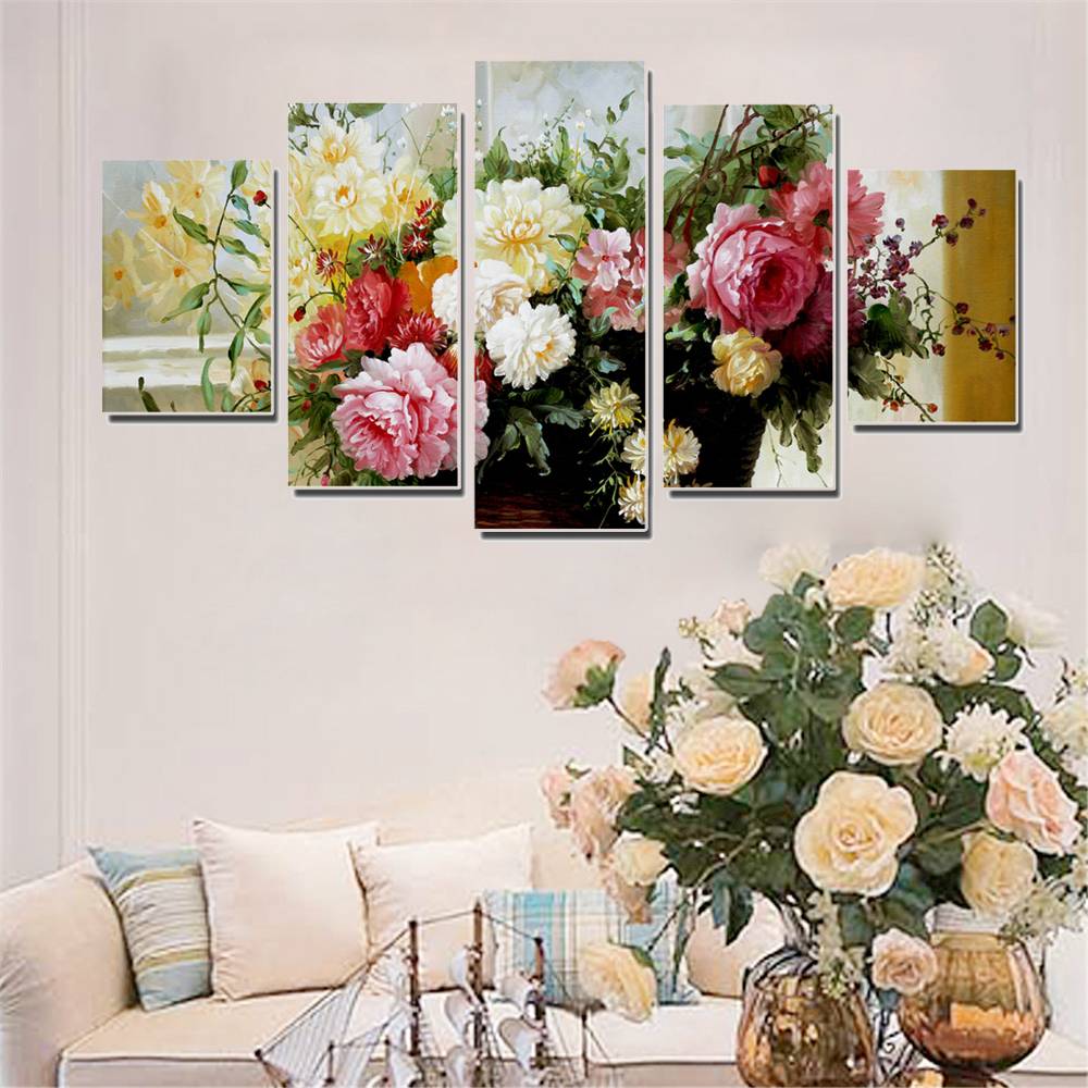 5pcs Oil Painting Colorful Flowers Modular Canvas Picture Wall Poster Home Decoration Print on Canvas for Wall Decor (No Frame)