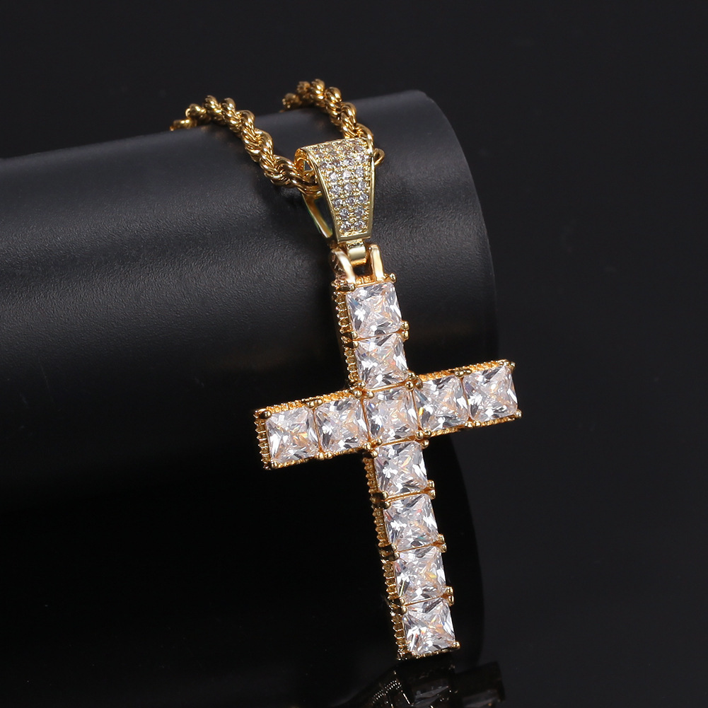 Bling Square Diamond Stone Cross Pendants White Gold Plated Necklace Men Women Lover Gift Religious Jewelry