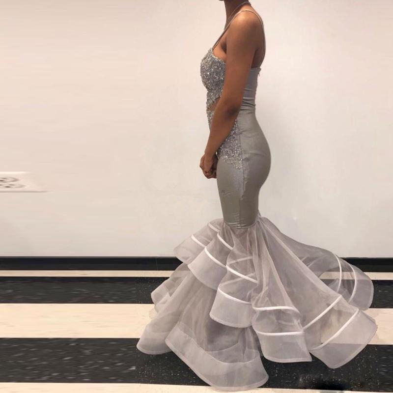 Sexy Gray Mermaid Prom Dresses Spaghetti Lace Appliques Satin Ruffles Plus Size Evening Gowns African robes de soirée Abendkleider