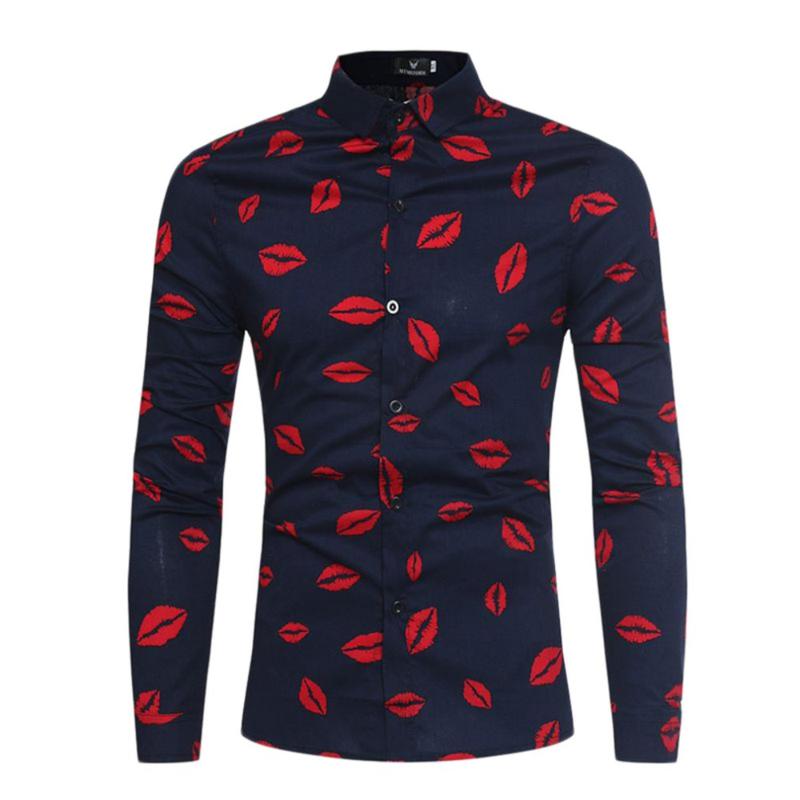 Men Lips Printed Shirt Autumn Male Fashion Long Sleeve Business Open Stitch Turn-down Collar Casual Linen Men Shirts