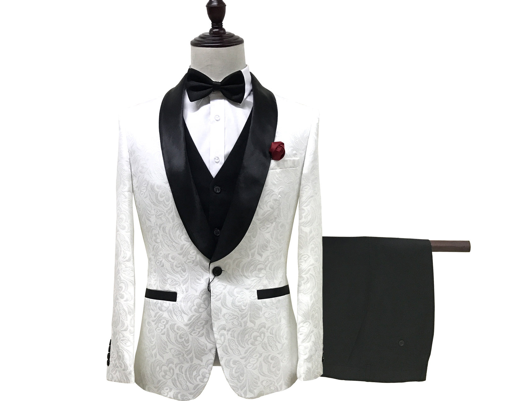 Premium Jacquard Shawl Lapel White Mens Suits Wedding Tuxedos Bridegroom Best Men Prom Party Dinner Suit Custom (Jackets+Vests+ Pants)