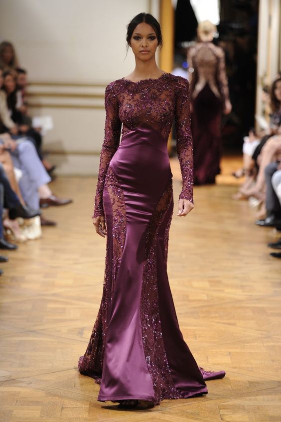 Elie Saab Burgundy Mermaid Prom Dresses Jewel Neck Long Sleeves Evening Gowns Sequined Lace Pageant Party Gowns Custom