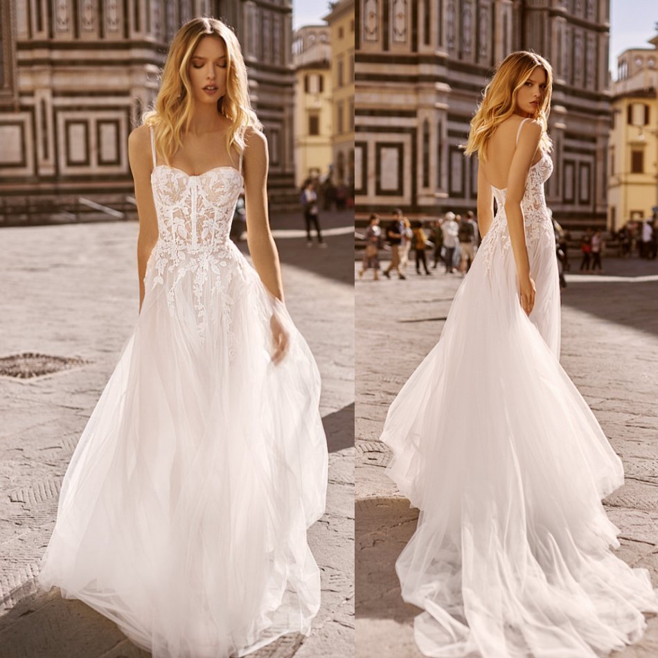 stylish wedding dresses lace appliqued beach boho spaghetti neck tulle a line bridal gowns vestido de novia