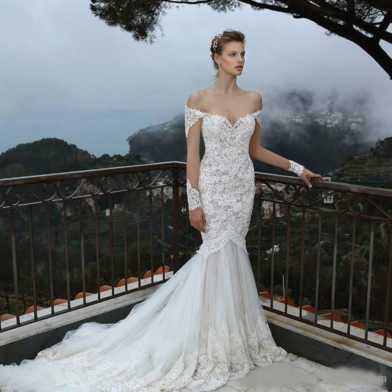 Elegant Lace Mermaid Wedding Dresses With Sheer Long Sleeves Off The Shoulder Bridal Gowns Sweep Train Tulle Trumpet Bohemia Wedding Dress