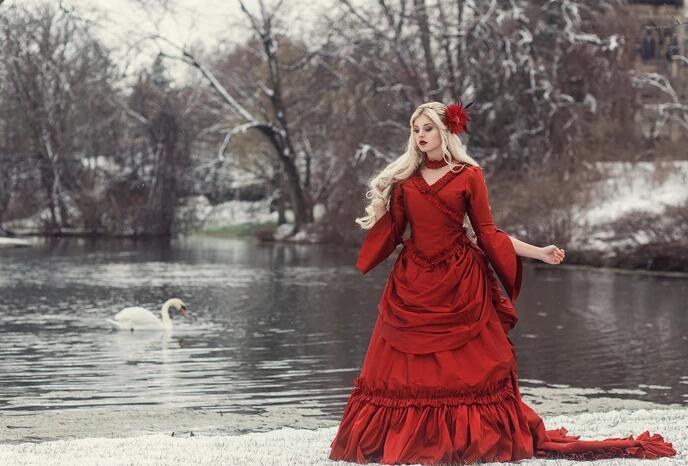red gothic wedding dresses v neck ruffles long sleeve vintage victorian bridal dress tiered skirts satin vestidos de novia