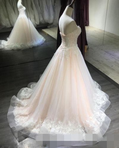 Blush Pink Organza Ball Dresses Sweetheart Necke Lace Applique Sequins Beaded Wedding Bridal Gown Custom Made 403 0227Lz