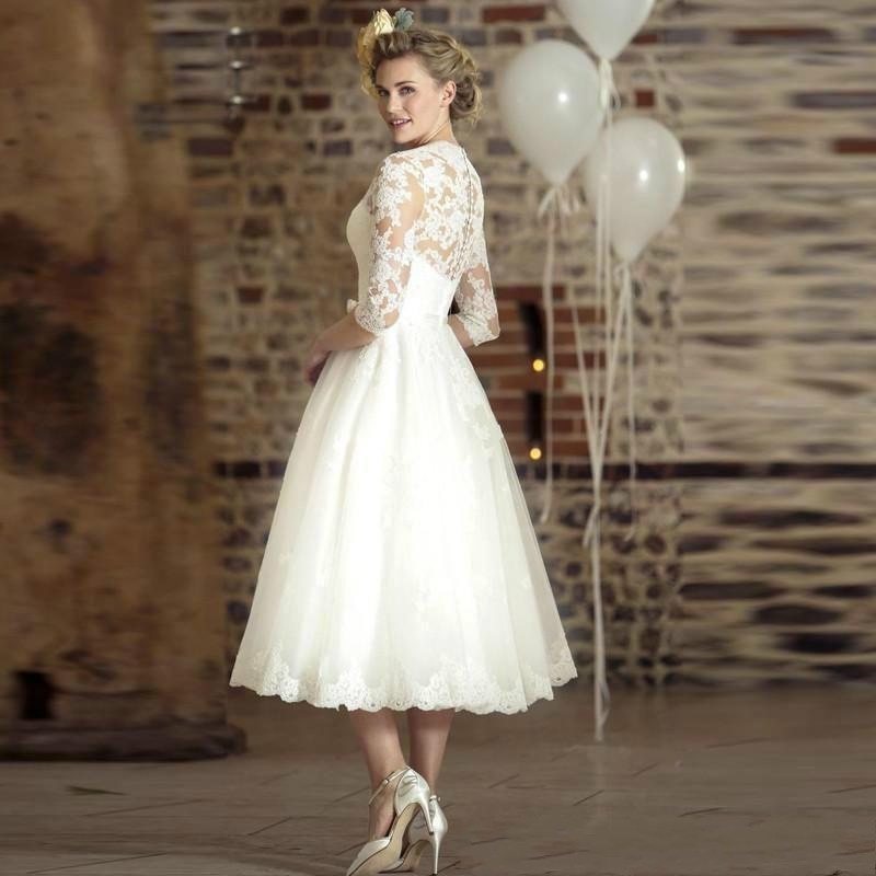 Dresses Vintage Lace Short V Neck Long Sleeve Tea Length Bridal Buttons Back A E Wedding Gown AL L 6660306