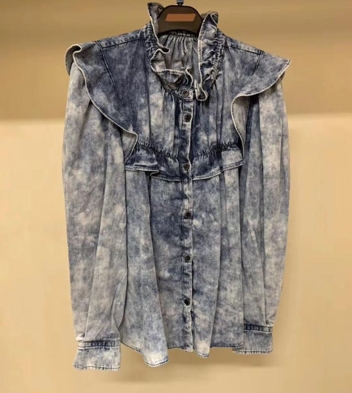 WOMAN TOP Faded Grey Washed Denim Blue Shirt Frilled Collar Long Sleeves Ruffled Shoulders Front Buttons up Fashion Shirts 
WOMAN TOP Faded Grey Washed Denim Blue Shirt Frilled Collar Long Sleeves Ruffled Shoulders Front Buttons up Fashion Shirts