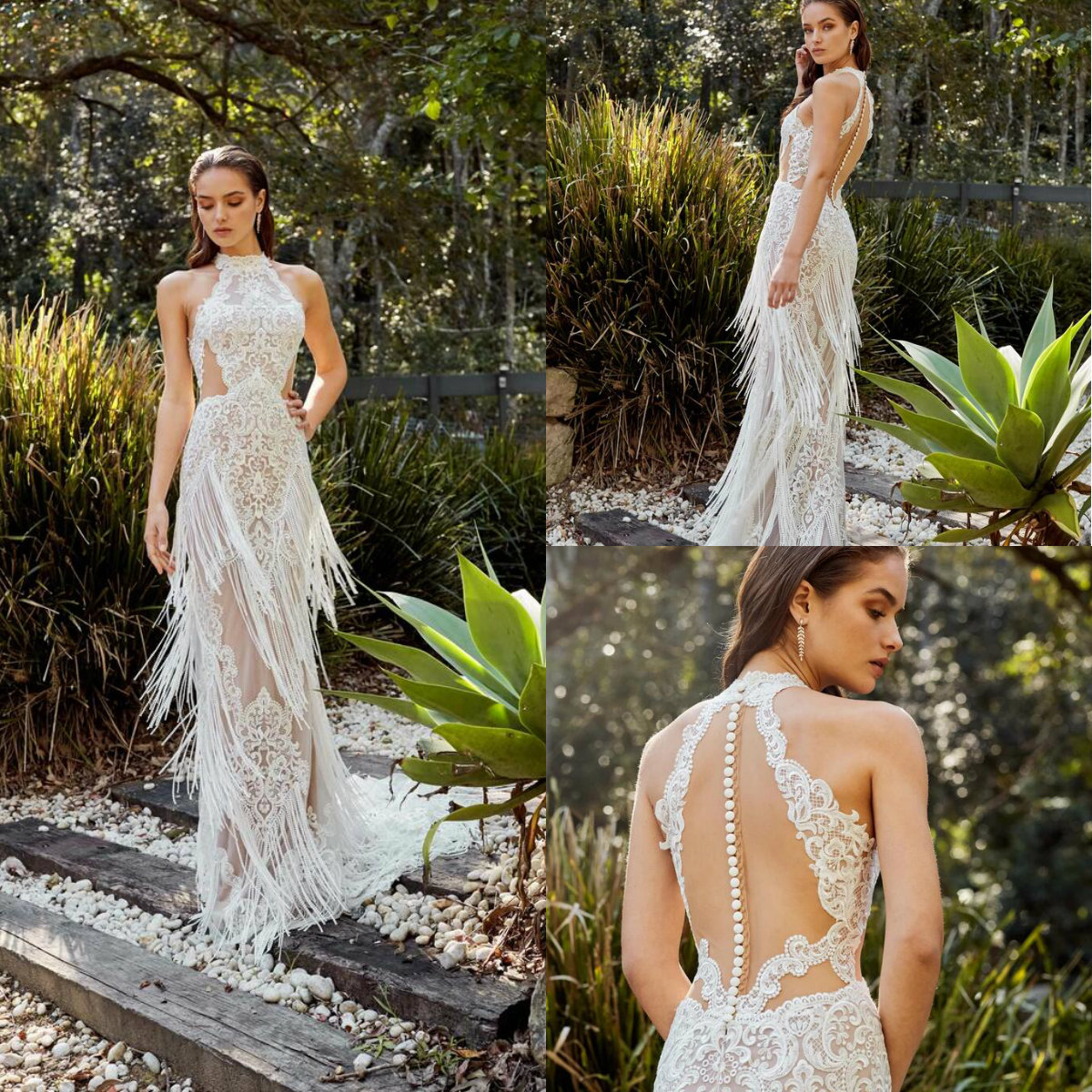 Fashion Tassel Mermaid Dresses Illusion Bodice Lace Appliqued Sweep Train Button Back Beach Wedding Dress Plus Size Bridal Gowns