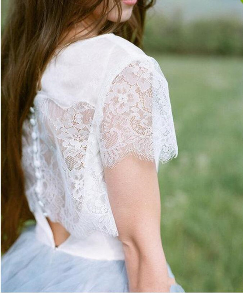 2020 NEW Fairy Beach Boho Lace Wedding Dresses High-Neck A Line Soft Tulle Cap Sleeves Backless Light Blue Skirts Bohemian Bridal Gown 2018