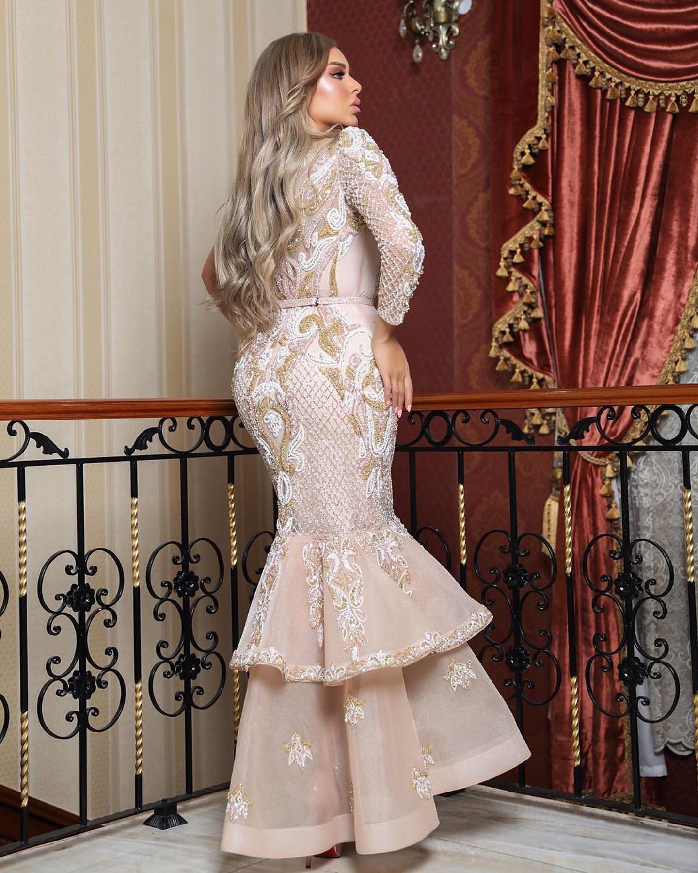 aso ebi arabic luxurious mermaid evening dresses lace beaded long sleeves prom dresses ankle length formal party pageant gowns zj493