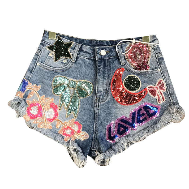DEAT 2020 New Arrivals Moon Stars Sequins Embroidery Tassel Patch Raw Denim Shorts Female Fashion Tide Women ME670 MX200407