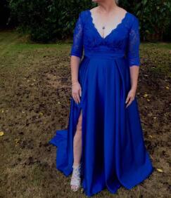 Women Formal Evening Dresses Party Gowns V Neck Lace Appliques Long Sleeve Front Split Prom Dresses