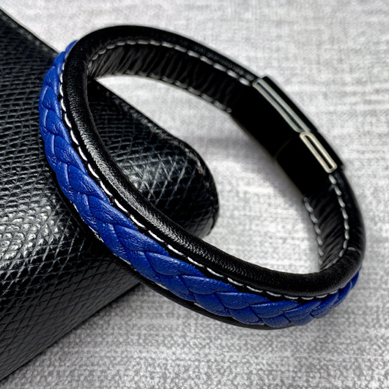 Braided Black Blue Leather Bracelet Men Fashion Stainless Steel Magnetic Buckle Male Wrist Band Charm Bracelets Bangles Gifts