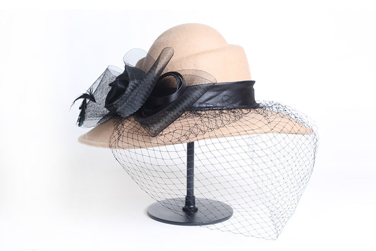 Women Wool Floral Veil Netting Feather Wide Brim Derby Hat Floppy Hat Fedoras Formal Occasion Dance Party Summer Beach Hat Y19052004