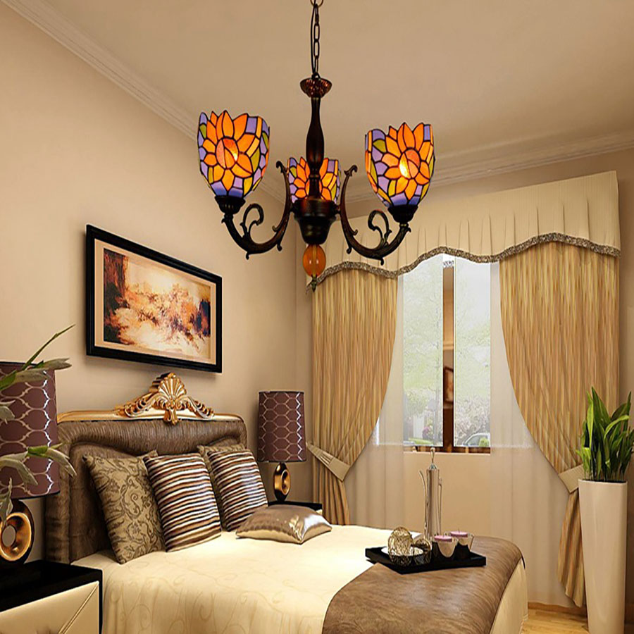 Stained Glass Chandelier Flower Pattern White European Retro Living Room Chandelier Bedroom Kitchen Fairy Lamp Can Be Customized