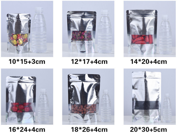 100pcs Stand up Embossed Silver Aluminum Foil Window Zip Lock Bag Resealable Visiable Display Food Snack Coffee Meat Dried Fruits Nuts Beans Packaging