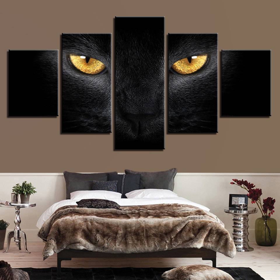 Modern Canvas Painting Wall Art Pictures 5Pcs Animal Black Cat Yellow Eyes Decor Living Room Modular HD Printed Poster(No Frame)
