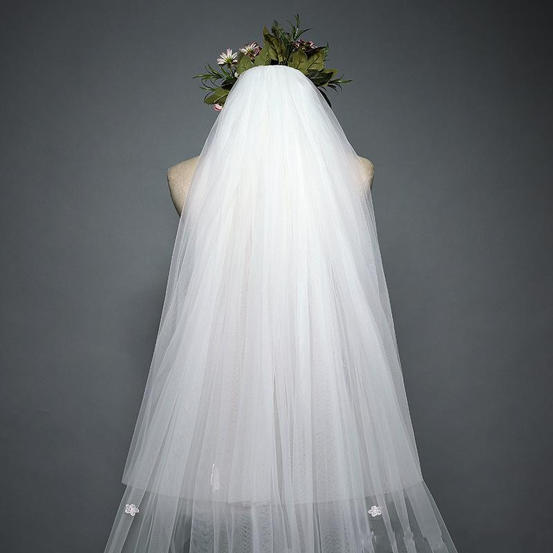 2019 Ivory 2T Wedding Veils 3 Meters Long Cathedral Length Lace Appliqued Real Image Tulle Bridal Veil With Comb