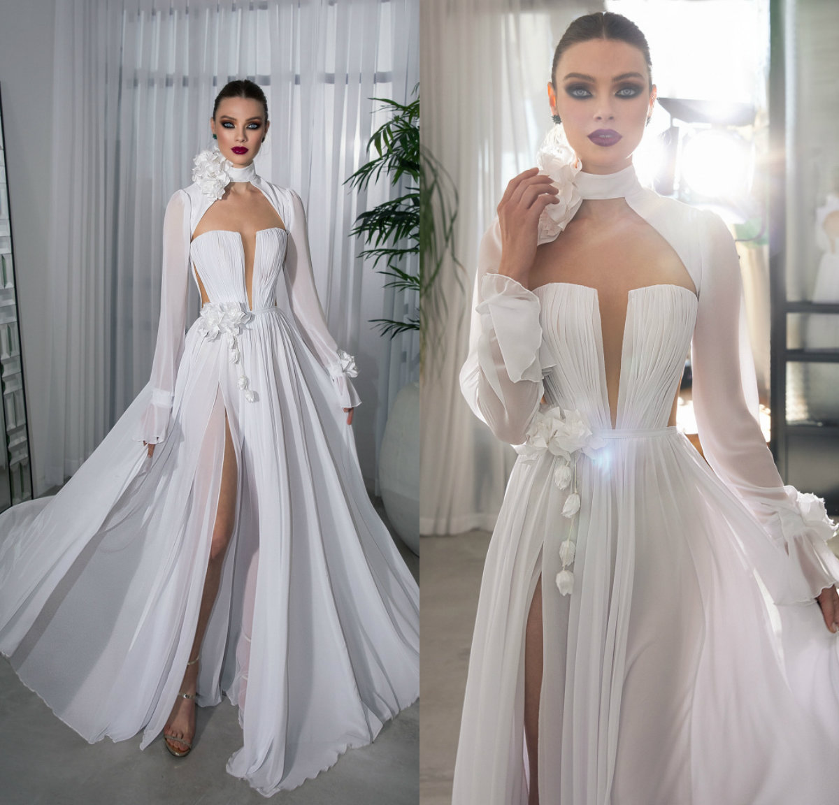 2019 Chiffon Boho Wedding Dresses Long Sleeves High Neck Side Split A Line Bohemian Wedding Dress Flower Custom Made Cheap Bridal Gowns