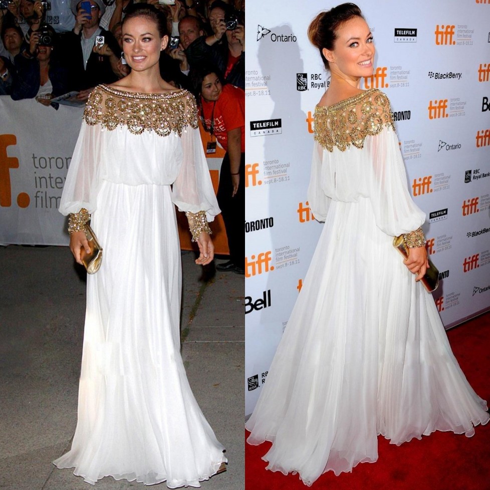 Gold Beaded White Celebrity Evening Dresses Bateau Neck Long Sleeves Sequined Prom Gown Or Length Chiffon Red Carpet Formal Dress 6660306