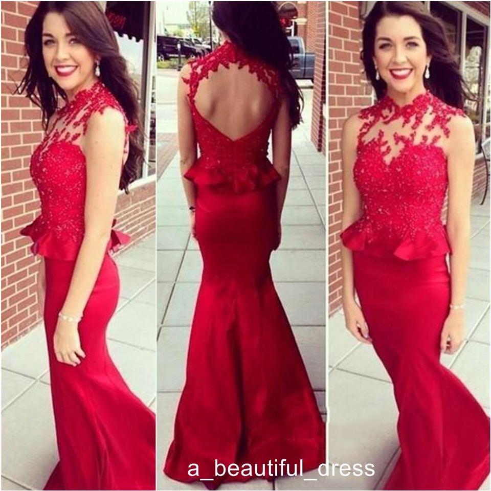 High Neck Mermaid Style Evening Dresses Sheer Neck With Lace Applique Prom Dresses Open Back Peplum Sweep Train Party Gowns ED1120
