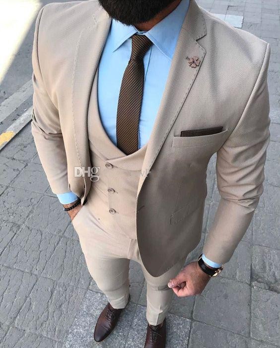 High Quality One Button Beige Wedding Men Suits Notch Lapel Three Pieces Business Groom Tuxedos (Jacket+Pants+Vest+Tie) W1073