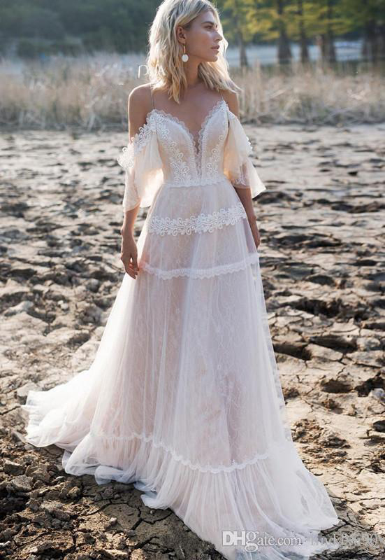 2020 Modest Bohemian Spaghetti Backless Pick up Half Sleeve A Line Wedding Dresses Lace Wedding Gowns Sweep Train Bridal Gown