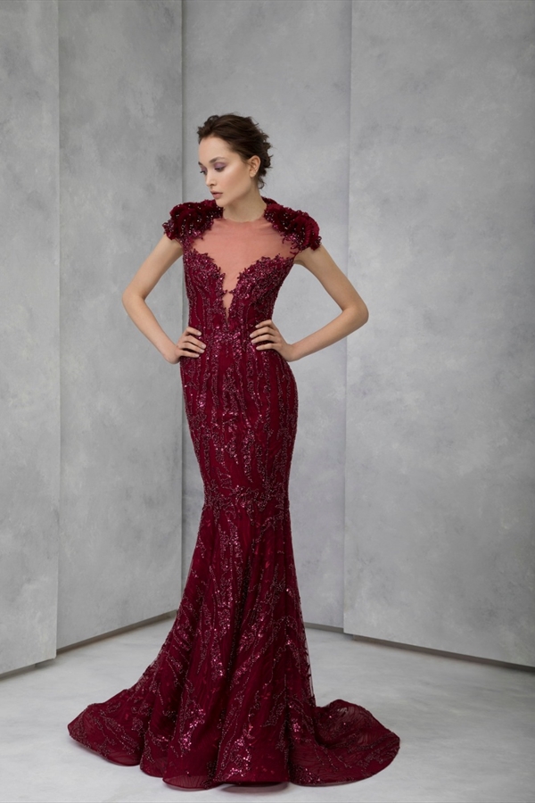 2020 Tony Ward Burgundy Evening Dresses Lace Appliqued Sequined Backless Mermaid Prom Dress Sweep Train Formal Party Gowns Robes De Soirée