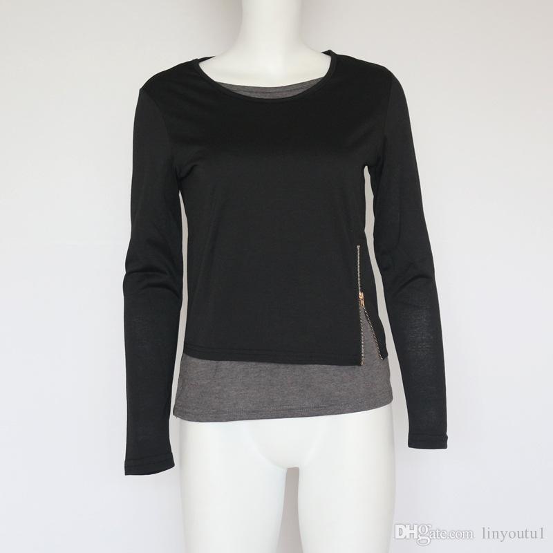 2020 Women t shirt Casual Long Sleeve Tops Zipper Fake Two Pieces Tee Shirt Fashion Ladies Tunic Tops Plus Size 5XL
