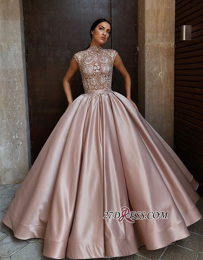 Dusty Pink High Neck Prom Dresses Lace Top Long Sleeves Formal Evening Gowns Floor Length African Satin Party Gowns Plus Size