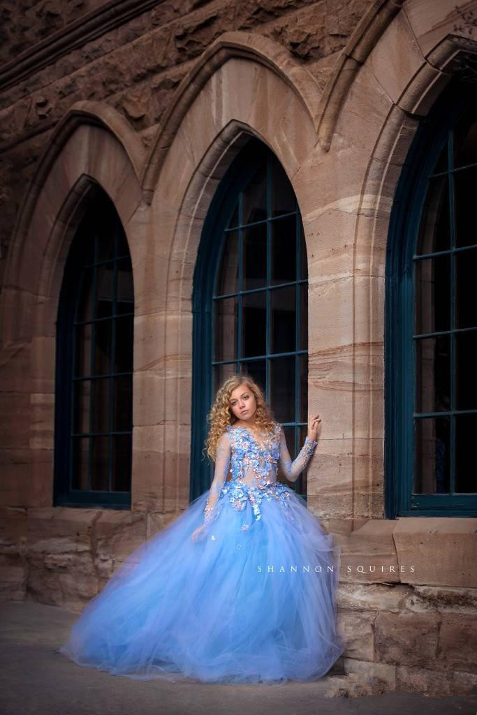 Blue Princess Flowers Girls Dresses For Wedding Long Sleeve 3d Floral Lace Applique Bead Ball Gown Kids Pageant Gowns First Communion Dress