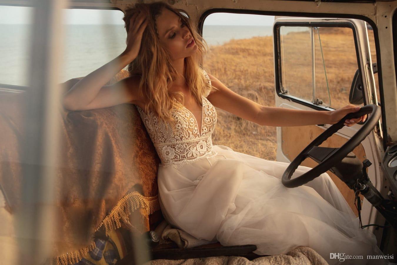 boho wedding dresses v neck lace appliqued tulle bridal gown bohemian country a line wedding dress robes de marie