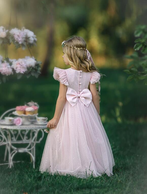 Sweet Flower Dresses Princess Baby Pink Back Bow Wear For Wedding Floor Length Short Bubble Sleeve Girls Party Dress
