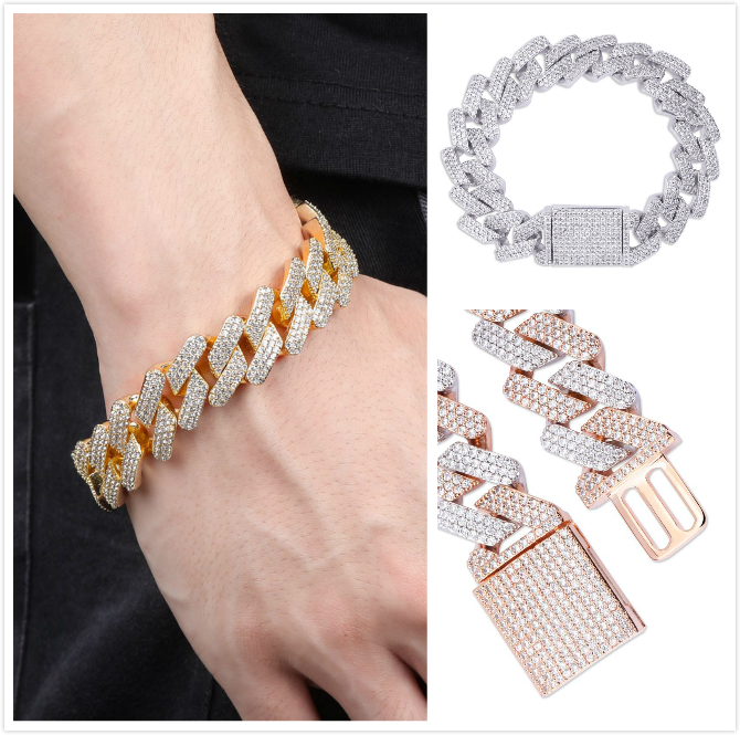 New 13mm 20mm Bling Pink Diamond Mens Cuban Link Chain Bracelets Cubic Zirconia Bangle Wristband Hip Hop Jewelry Masculina Bijoux for Men