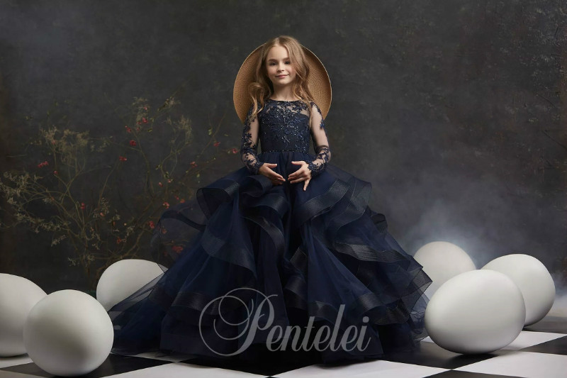 Dreamly A Line Flower Girl Jewel Long Sleeve Lace Applique Crystal Tiered Pageant Dress Floor Length Girl's Birthday Part 0431