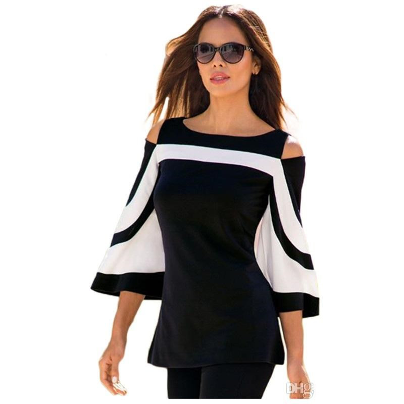Fashion-New Designer Womens Best Blouse Black White Color block Bell Sleeve Cold Shoulder Top Mujer Camisa Feminina Office Ladies Clothes
Fashion-New Designer Womens Best Blouse Black White Color block Bell Sleeve Cold Shoulder Top Mujer Camisa Feminina Office Ladies Clothes