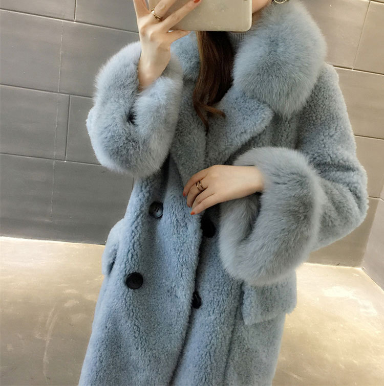 Fur a cot femle 2019 winter new fur collr lmb Hining grnule, Smoky blue