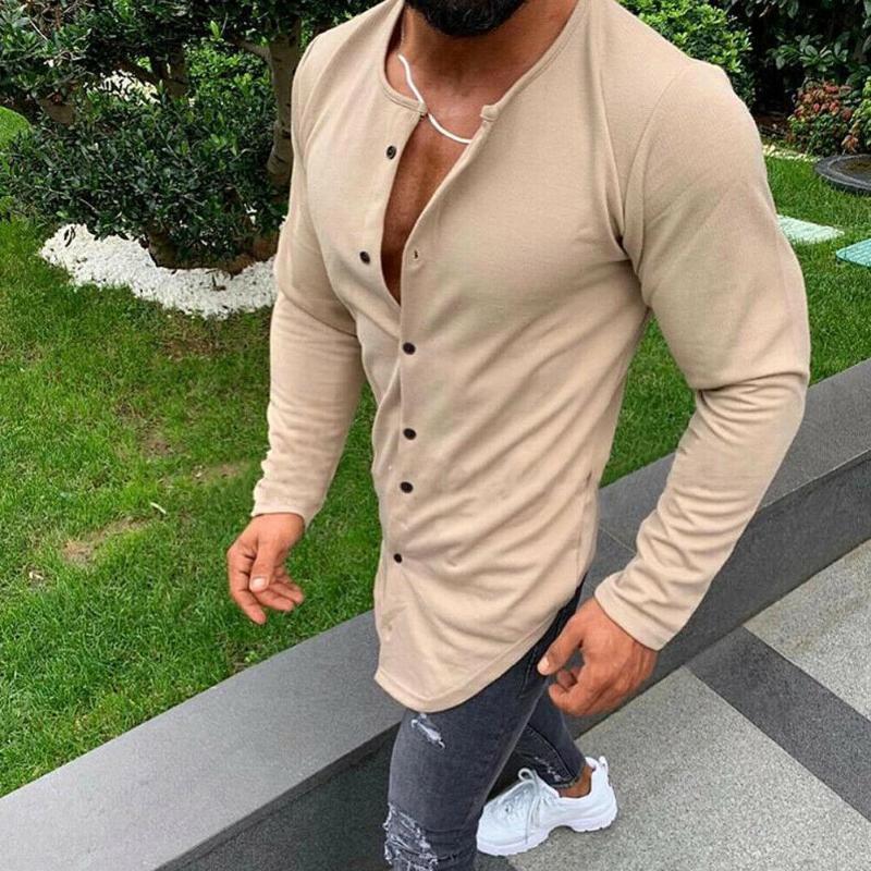 Men's Slim Fit V-Neck Long Sleeve Muscle Tee - Polyester, Casual Solid Color T-Shirt, Black, White, Khaki, Bury B1