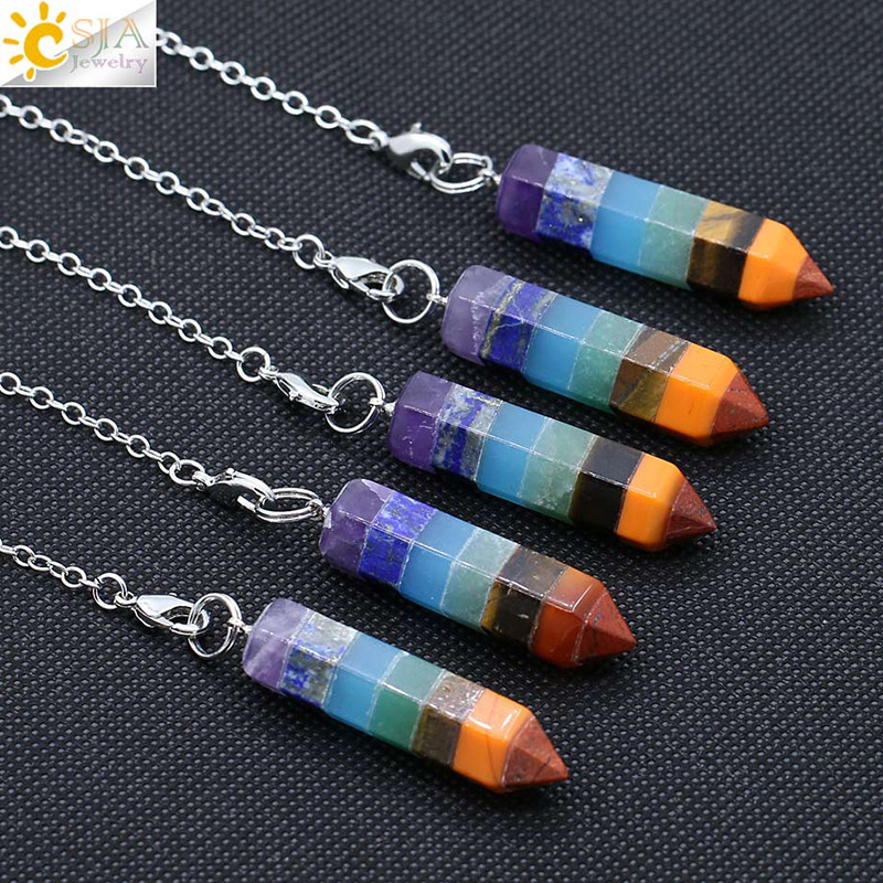 Hot Reiki Charm Pyramid 7 Colors Natural Gem Stone Rainbow Layered Dowsing Healing Point Pendant Chain Pendulum Gifts