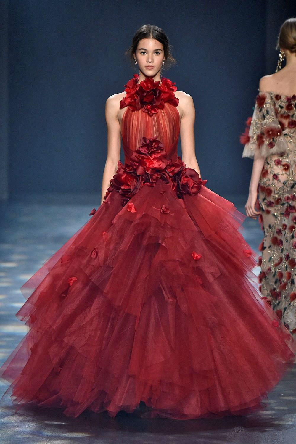 2019 Designer Red Prom Dresses Jewel Neck 3D Floral Appliques Ball Gown Floor Length Evening Dress Tiers Formal Party Dresses